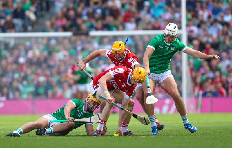 Limerick's Tom Morrissey and Kyle Hayes come up against Shane Barrett and Declan Dalton of Cork in the 2024 semi-final.  Photograph: Bryan Keane / Inpho