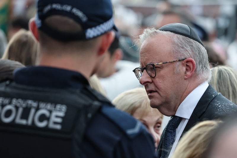Australia's prime minister Anthony Albanese wears a kippa as he arrives to attend the memorial held for the victims of a shooting at Bondi Beach. Photograph: David Gray/ AFP via Getty Images