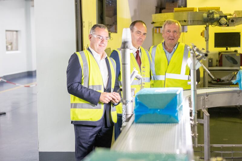 Jason Hawkins of Carbery Group with Deputy Mayor of Cork County, Cllr Declan Hurley, and Michael Creed TD at the Carbery open week 2022. Carbery welcomed its farmer shareholders and partners to the plant in west Cork to tour their expanded facilities. Photograph: Darragh Kane