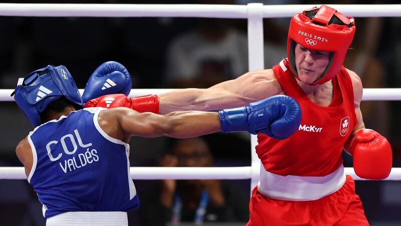 Ireland’s Kellie Harrington in action against Angie Paola Valdes Pana of Colombia. Photograph: James Crombie/Inpho