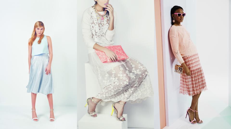 THE NEW SILHOUETTE: from left, embellished neck shell top (€34), silver crinkle midi skirt (€35), at Dorothy Perkins; appliqué sweater (€22.99), sheer skirt (€39.99), neon bag (€14.99), neon necklace (€14.99), flower necklace (€9.99), yellow-heeled shoes (€29.99), all at New Look; and clothes from River Island’s spring-summer 2014 collection