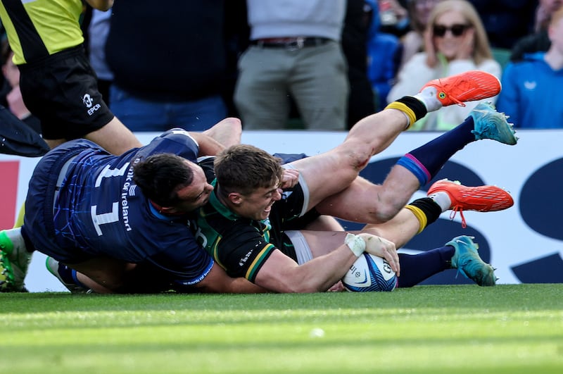 Northampton Saints' Tommy Freeman scores his third try of the Champions Cup semi-final against Leinster in Dublin last month. Photograph: Billy Stickland/INPHO