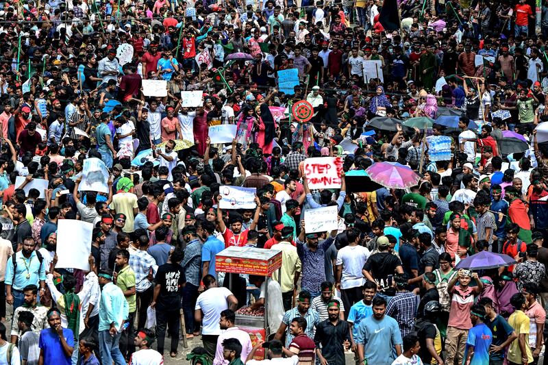 Protesters call for prime minister Sheikh Hasina to resign during a demonstration in Dhaka, Bangladesh in August, 2024. Photograph: Munir Uz Zaman/AFP via Getty Images