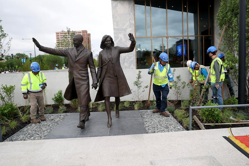 Statues of former US president Barack Obama and former first lady Michelle Obama outside the Obama Presidential Center in Chicago, Illinois. Photograph: Scott Olson/Getty