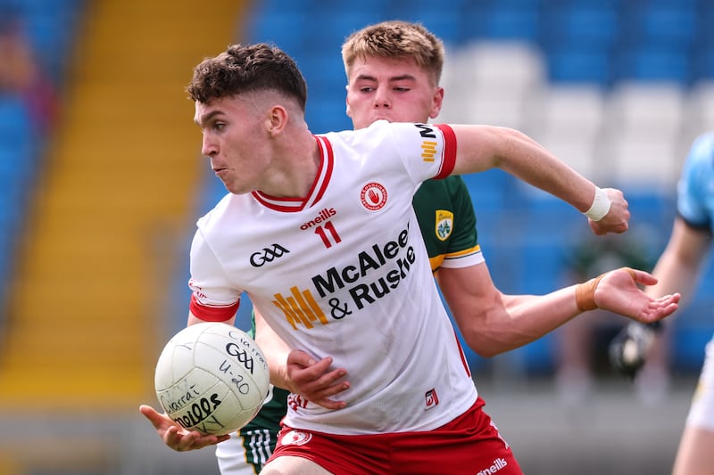Tyrone's Eoin McElholm with Kerry's Daniel Kirby. Photograph: Ben Brady/Inpho