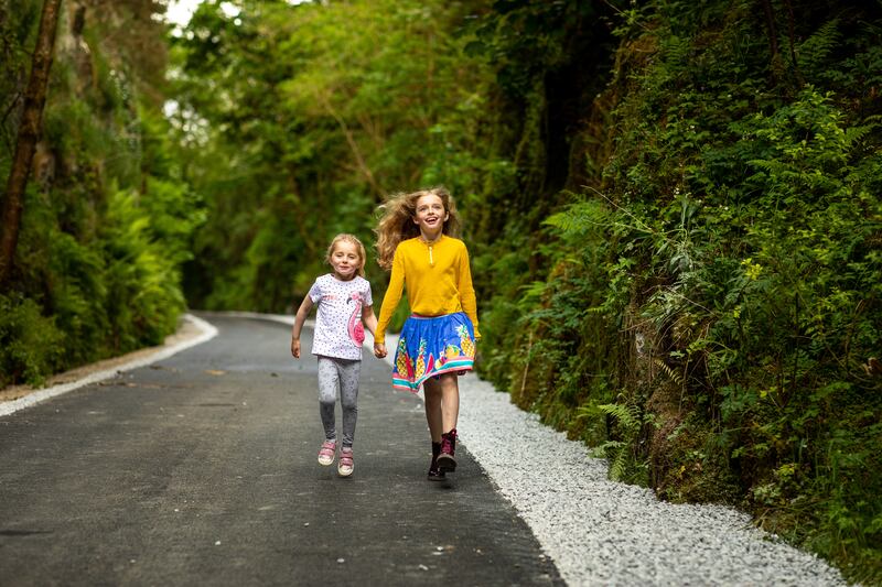 Sisters Emma Noreen (5) and Sarah Ruttle (10) at Barnagh on the Limerick Greenway. Photograph: Seán Curtin/True Media