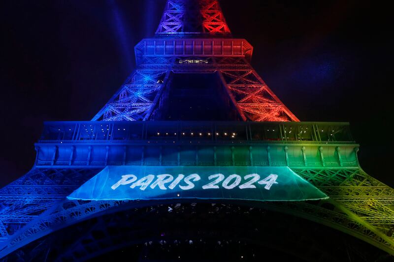 The Eiffel Tower lit in the colours of the Olympic flag during the launch of Paris's bid to host the 2024 Olympic Games, on February 3rd, 2017. Photograph: Patrick Kovarik/AFP via Getty Images