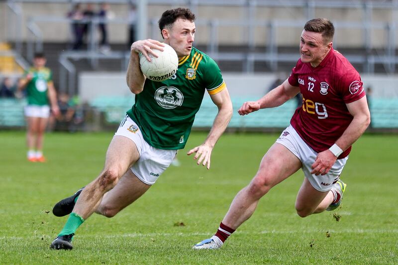 Meath's Jordan Morris with Conor Dillon of Westmeath in 2026 Leinster quarter-final. Photograph: Grace Halton/©INPHO
