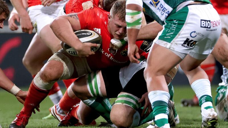 Munster’s Keynan Knox scores his side’s second try during the Guinness Pro 14 game at  Thomond Park. Photograph: James Crombie/Inpho