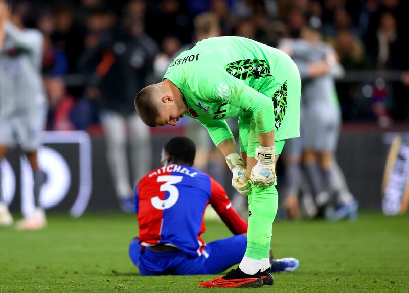 Crystal Palace goalkeeper Sam Johnstone and Tyrick Mitchell appear dejected after Everton win. Photograph: Ben Whitley/PA Wire