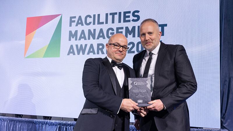 Martin Conneely, business development representative at Western Hygiene, presents the innovation in technology & systems - providers award to George Harold, Fexillon
