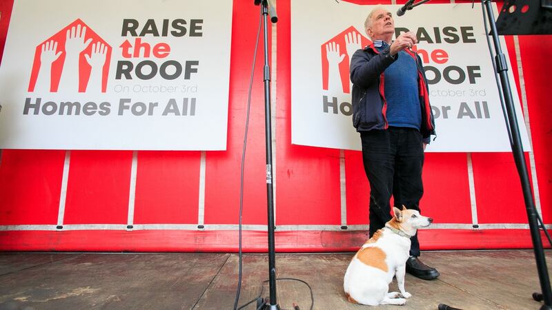 Fr Peter McVerry with his pet dog Tiny during Wednesday’s   housing crisis protest. He was right not to get carried away by Fine Gael’s 2011 plan. Photograph: Gareth Chaney Collins