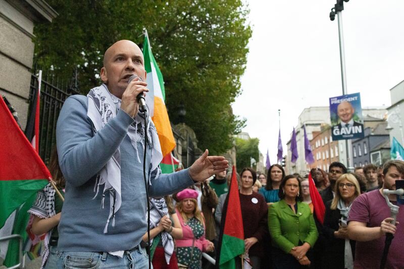 People Before Profit–Solidarity Paul Murphy TD speaking to a large Palestine Solidarity protest outside Leinster House. Photograph: SAM BOAL/Collins Photos 