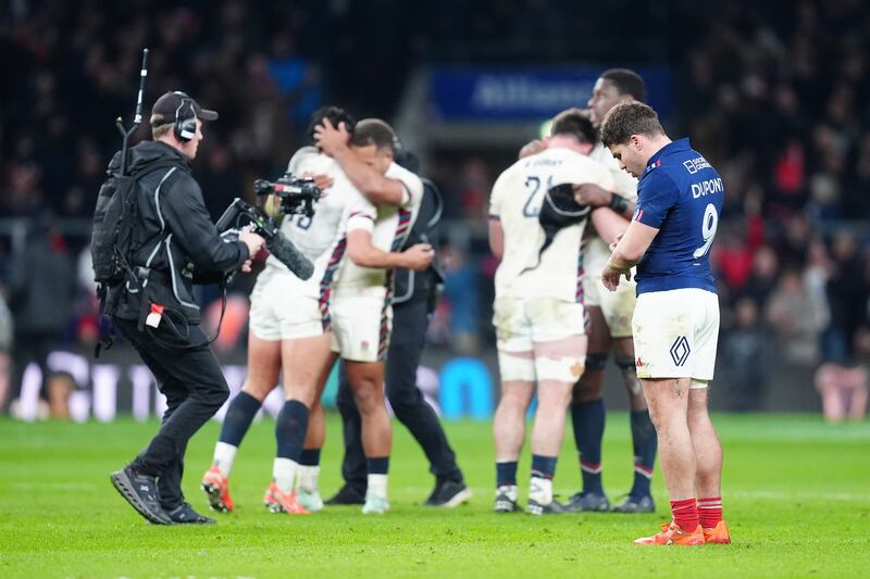France's Antoine Dupont looks dejected after England snatched a late victory in an engrossing Six Nations clash at Twickenham. Photograph: David Davies/PA Wire 