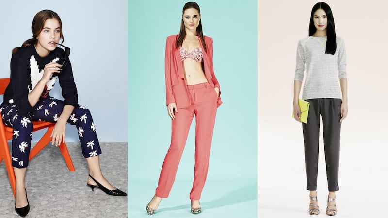 Above, left to right: top (€155) and trousers (€120), by Jaeger at Arnotts;  jacket (€86), trousers (€50), shoes (€49) by Principles by Ben de Lisi at Debenhams; grey marl jumper (€98), trousers (€116), neon clutch (€119), all Pied a Terre at House of Fraser