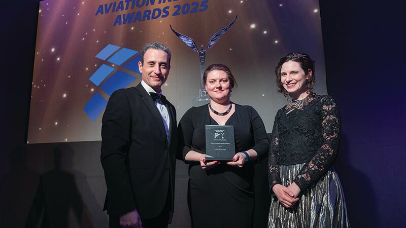 Kyriakos Kourousis, awards judge, presents the aviation academic education award to Claire O'Mahony and Sara Van den Bergh, Law Society of Ireland