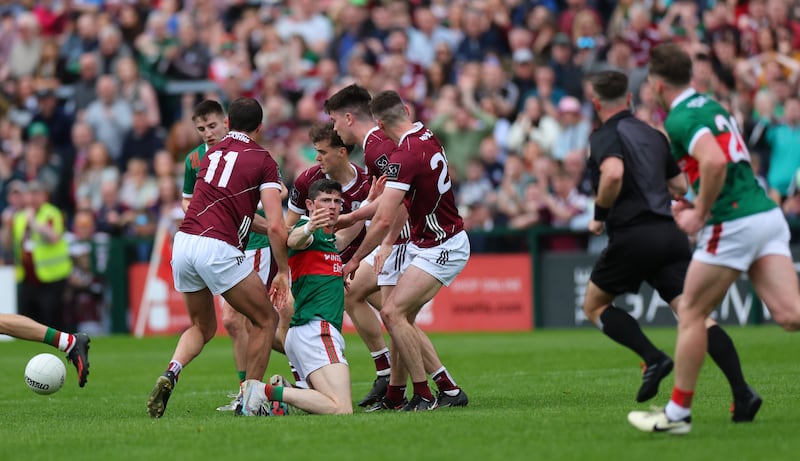 Mayo’s Conor Loftus reacts after referee David Gough awards Galway a late free during the Connacht final at Pearse Stadium. Photograph: James Crombie/Inpho