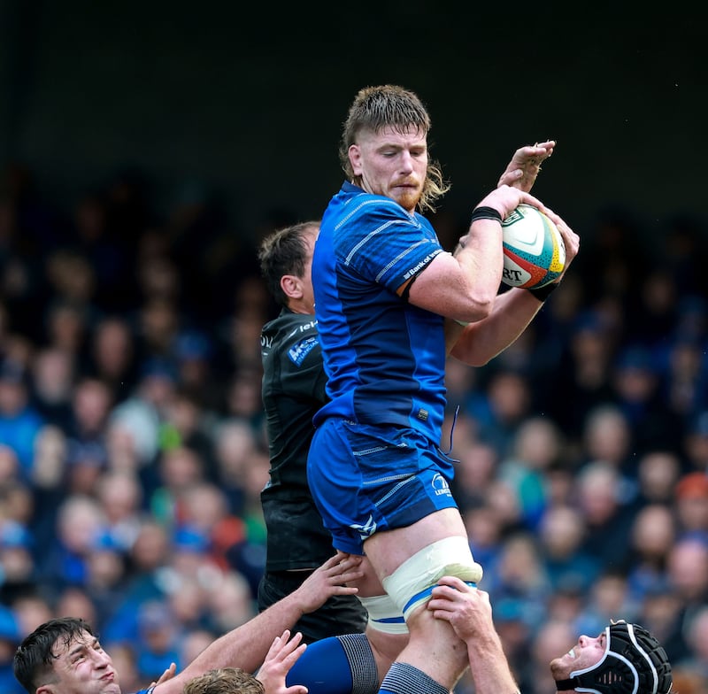 Leinster's Joe McCarthy wins a lineout at the Leinster v Glasgow Warriors URC semi-final game at the Aviva Stadium last Saturday. Photograph: Dan Sheridan/Inpho