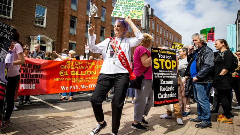 Protesters demand that the new National Maternity Hospital should not be handed over to a ‘nuns’ private company’, during a rally outside the Dáil  at Kildare Street, Dublin, on Saturday. Photograph: Tom Honan