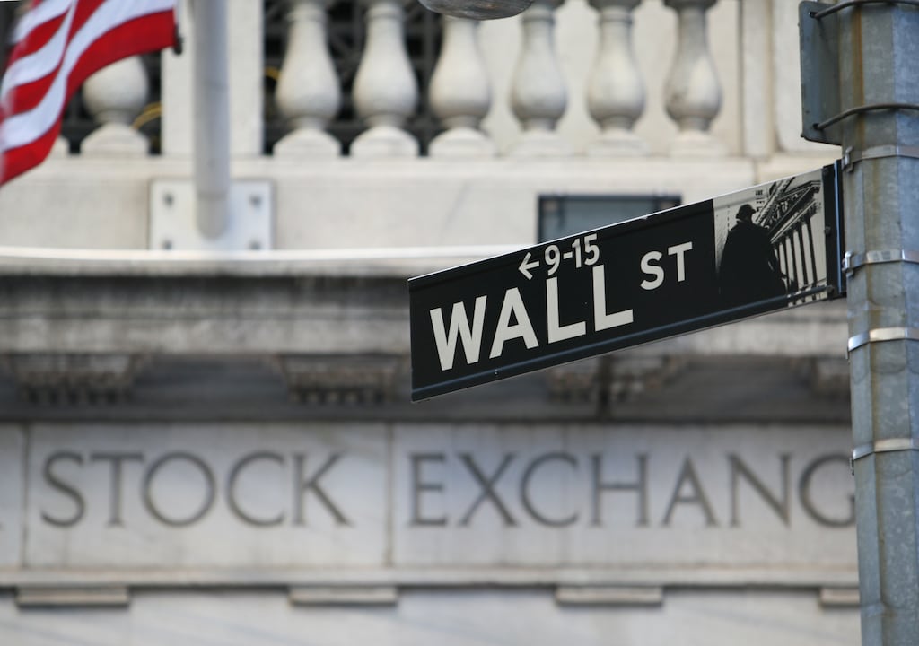 A Wall Street sign outside the New York Stock Exchange.