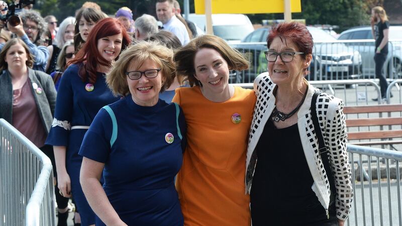 Orla O Connor, Gráinne Healy and Ailbhe Smyth of Together for Yes at the referendum count in  May 2018. Photograph: Cyril Byrne / The Irish Times