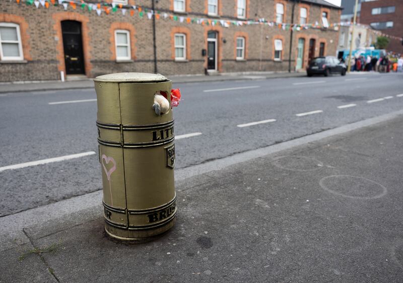 Bins, electric boxes and lamp-posts painted gold on Portland Row, Dublin 1, in celebration of Kellie Harrington’s win at the Paris Olympic Games 2024. Photograph: Sam Boal /Collins Photos