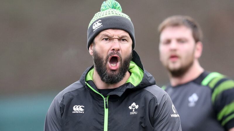 Defence coach Andy Farrell gives the orders during an Ireland squad session at Carton House. Photograph: Billy Stickland/Inpho