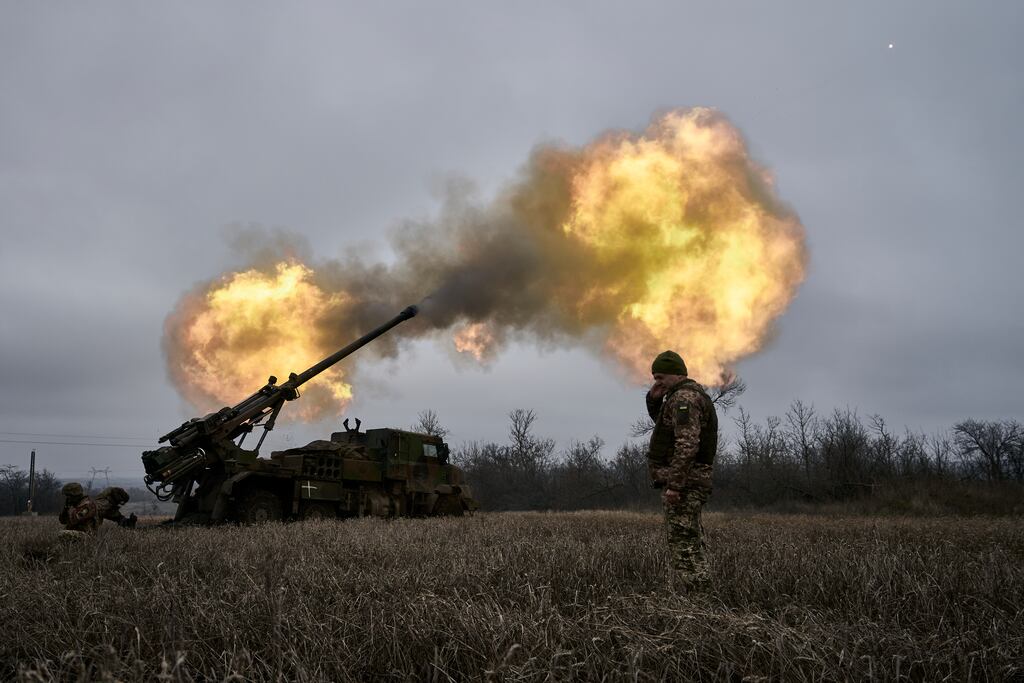 Ukrainian soldiers fire a French-made Caesar self-propelled howitzer towards Russian positions near Avdiivka, Donetsk region. Photograph: Libkos/AP