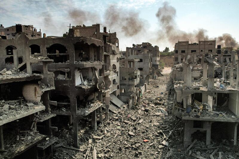 This picture taken on October 11th, 2023 shows an aerial view of buildings destroyed by Israeli air strikes in the Jabalia camp for Palestinian refugees in Gaza City. Photograph: Yahya Hassouna/AFP