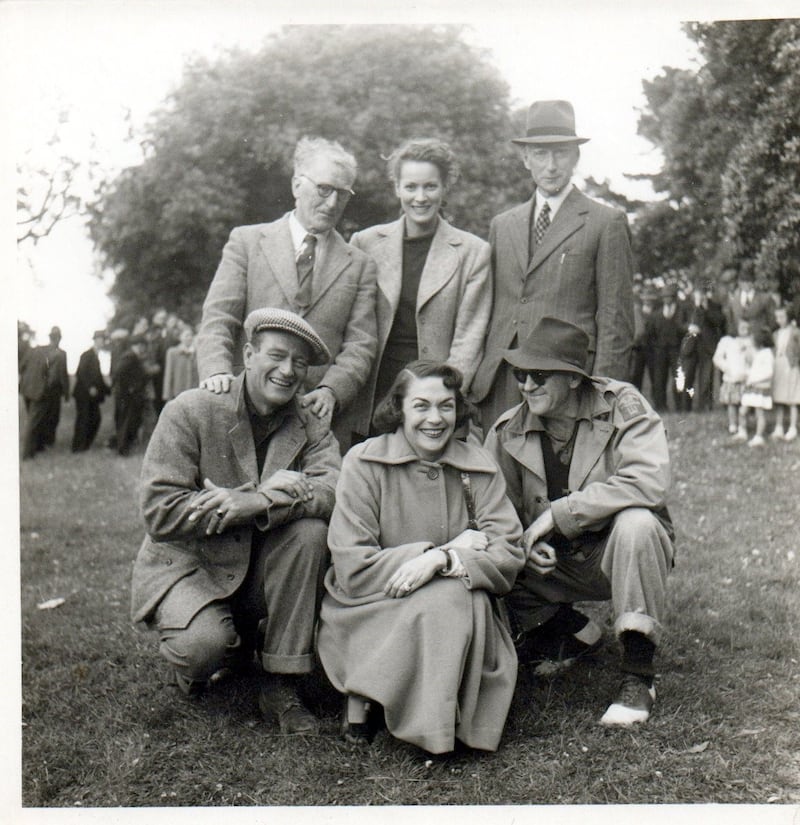 Back row, left to right: Ernie O’Malley, Maureen O’Hara, Tom Maguire; front row, left to right: John Wayne, Meta Stern, John Ford. Taken with Maureen O’Hara’s camera during the filming of The Quiet Man, in June 1951.