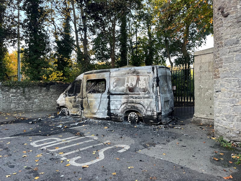 The aftermath on Wednesday morning of rioting outside Citywest Hotel on Tuesday night during which a Garda van was set on fire by rioters. Photograph: Sarah Burns