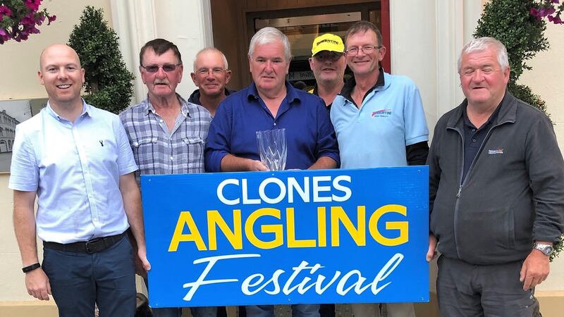 P McCarville (Creighton Hotel), P McCaffrey (2nd), J Potters (3rd), R O’Neill (winner) and D McGurk (Clones AC)  at the annual Clones coarse angling festival.