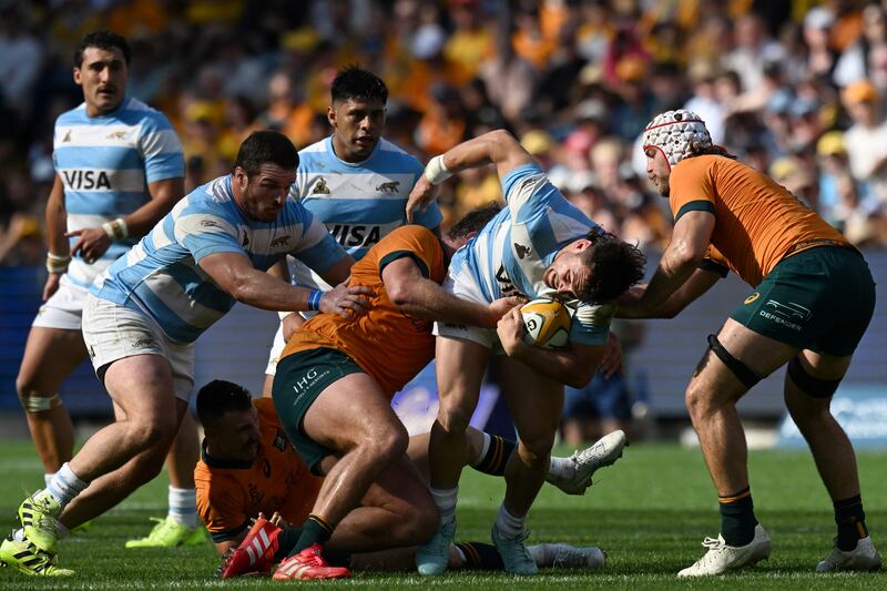 Argentina's Mateo Carreras is tackled by Australia's Fraser McReight (right) and James Slipper during the Rugby Championship match between at Allianz Stadium in Sydney. Photograph: Saeed Khan/AFP via Getty Images