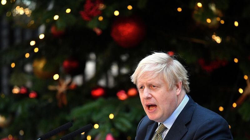 Britain’s prime minister Boris Johnson delivers a speech outside 10 Downing Street following his Conservative Party’s general election victory. Photograph:  Daniel Leal-Olivas/AFP via Getty Images