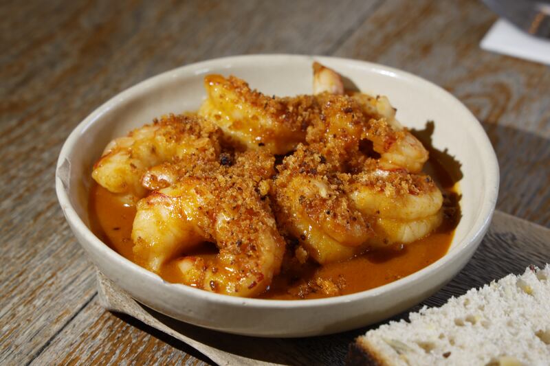 Atlantic nduja prawns, breadcrumbled nduja and sourdough bread