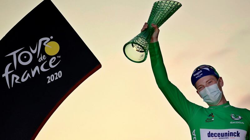 The image of Bennett standing on the Tour podium with the Arc de Triomphe as a backdrop would have been better choice for RTÉ. Photograph:  Christophe Petit-Tesson/EPA