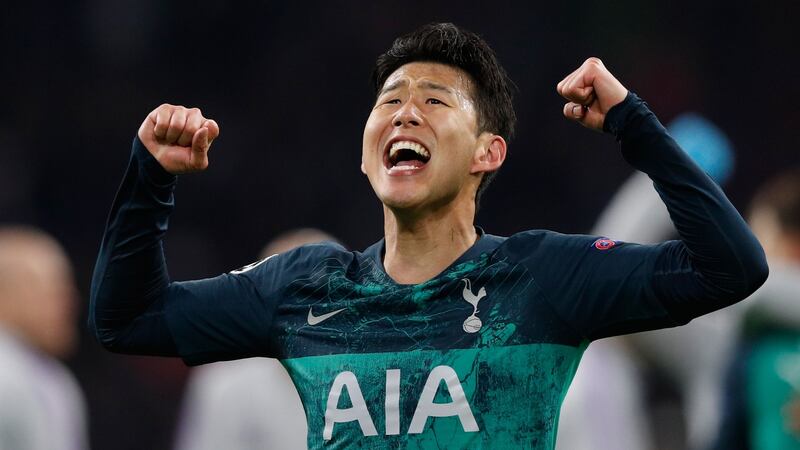 Tottenham’s South Korean forward Heung-min Son celebrates  in Amsterdam. Photo: Getty Images