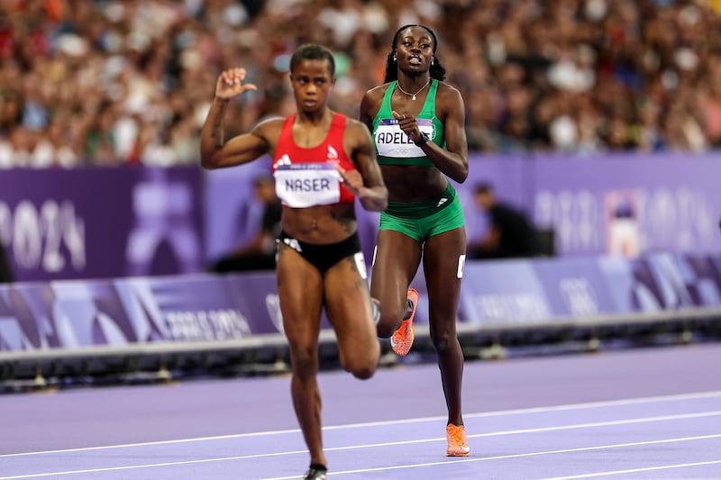 Rhasidat Adeleke finishes second behind Bahrain’s Salwa Eid Naser in the 400m semi-final. Photograph: Morgan Treacy/Inpho 