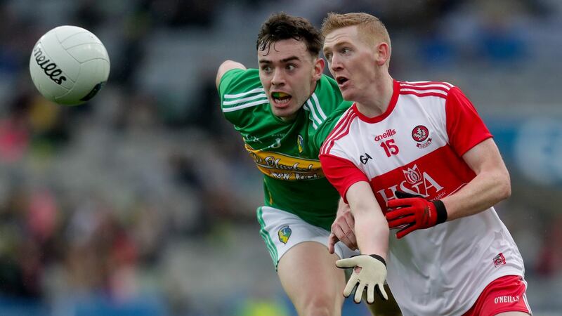 Leitrim’s Dean McGovern in action against Christopher Bradley of Derry during the  Allianz Football League Division 4 Final  at Croke Park. Photograph: Oisín Keniry/Inpho