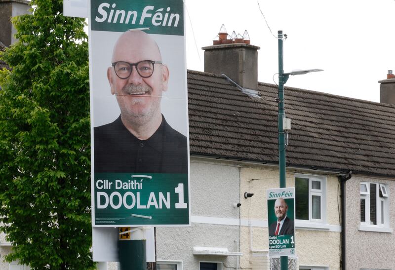 Daithí Doolan's campaign posters with different images in Dublin.  Photograph: Nick Bradshaw