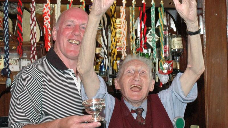 Jimmy Murray: in his pub in Knockcroghery in 2007 with former Dublin great Brian Mullins. Photograph: Mick McCormack