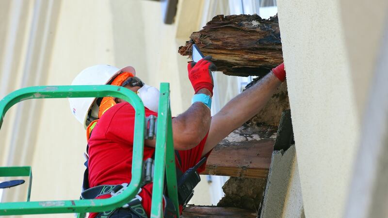 A close-up shows the extent of the damage to joistwork which had supported a balcony that collapsed with deadly consequences in Berkeley, California, in June of last year. File photograph: Jim Wilson/The New York Times