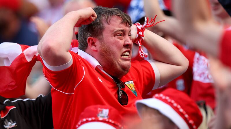 A Cork fan celebrates during the team's victory over Limerick in the hurling championship semifinal earlier this month. Photograph: Ryan Byrne/Inpho