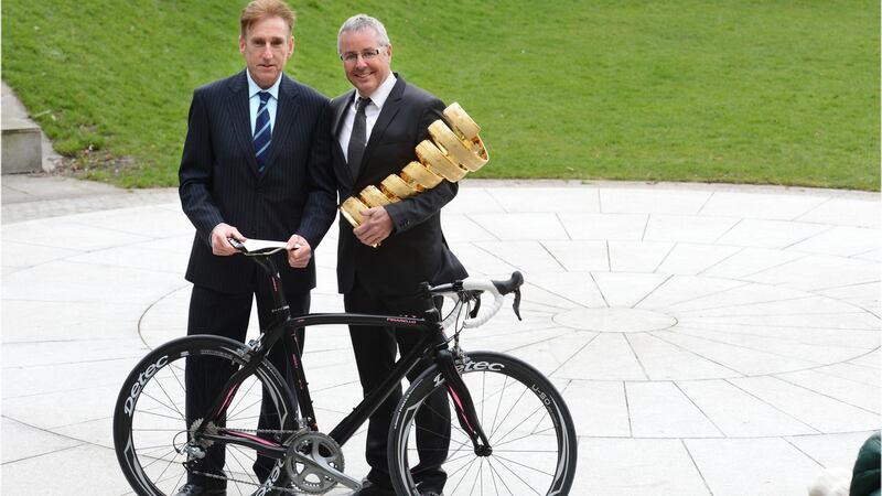 Sean Kelly and Stephen Roche at the annoucement in 2013 of the Giro d’Italia cycle race coming to Ireland. Photograph: Dara Mac Dónaill