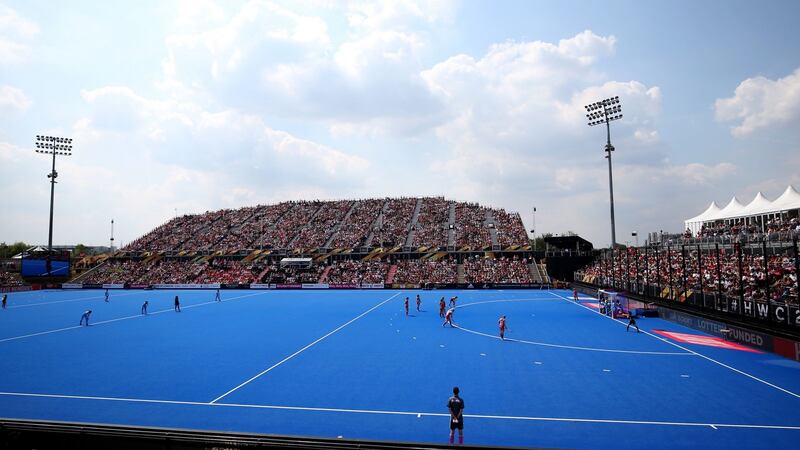 The hockey pitch at Lee Valley in London - host ground of the Hockey World Cup. Photograph:  Steven Paston/PA