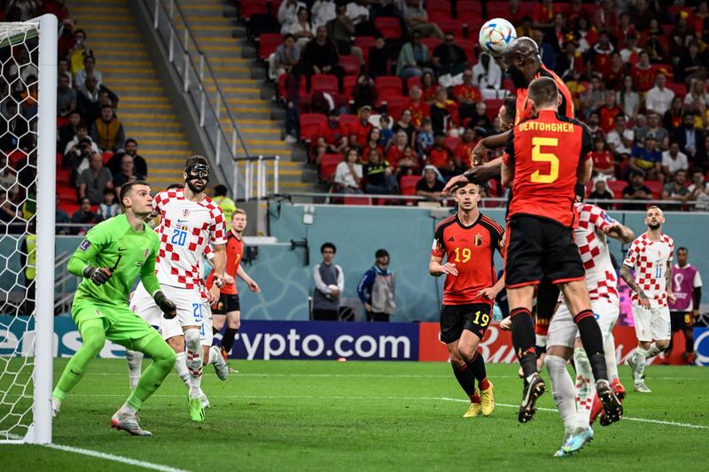 Belgium forward Romelu Lukaku heads the ball in the box during the game against Croatia. Photograph: Chandan Khanna/AFP via Getty Images