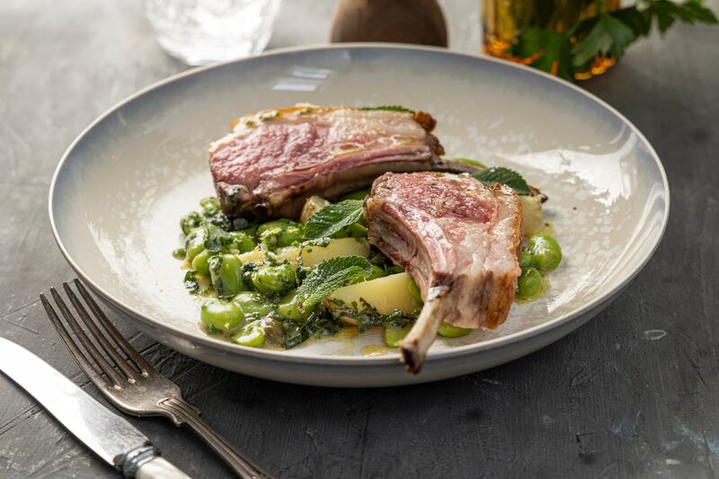 Mark Moriarty's lamb chops with broad beans and new potatoes. Photograph: Harry Weir