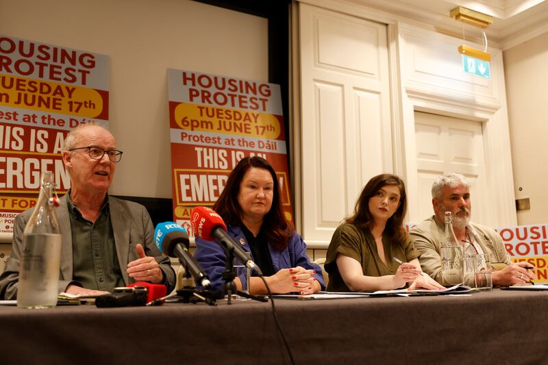 Focus Ireland's Mike Allen, Siptu's Ethel Buckley, Kate Mitchell, of  National Women's Council, and Patrick Nevin, of Irish Traveller Movement, at the Raise the Roof press conference. Photograph: Nick Bradshaw