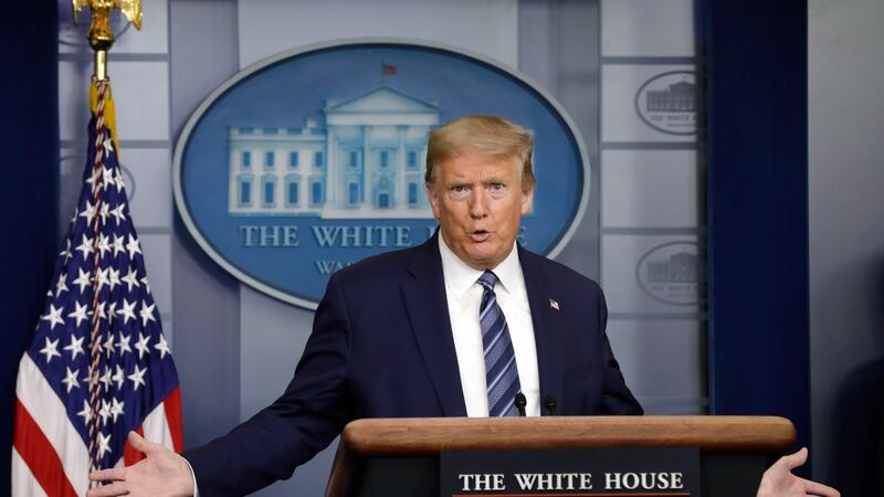 US President Donald  Trump speaks during the Coronavirus Task Force press briefing at the White House in Washington, DC. Photograph: Yuri Gripas/EPA/POOL.