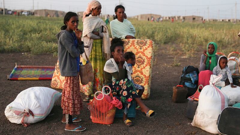Ethiopian refugees gather in the Qadarif region of eastern Sudan on Sunday.  Photograph: Marwan Ali/AP